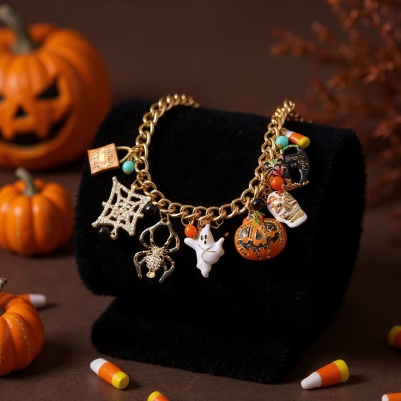 Halloween Charm Bracelet on Gold Chain | Super Cute | Spooky, Ghost, Spider Web - Picture 1 of 7